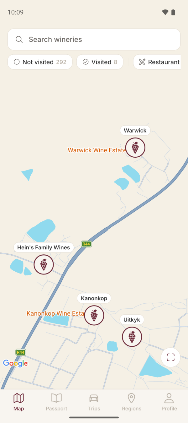 Map of wine farms near Stellenbosch in Wine Passport, each pin carrying the grape mark
