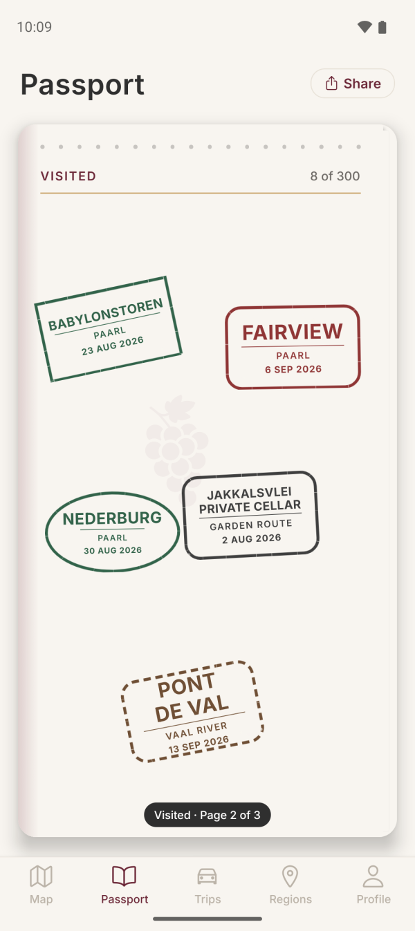 Passport page of dated stamps from visited wine farms in Wine Passport
