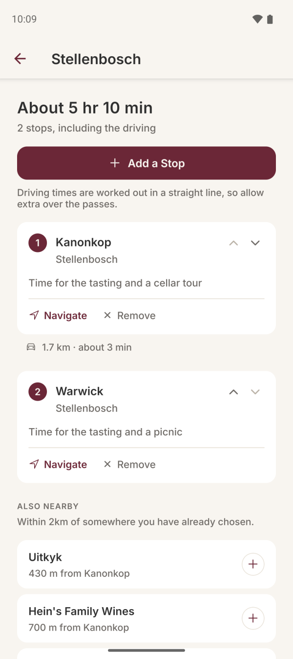 A day out planned in Wine Passport Pro: two Stellenbosch farms, the drive between them and farms nearby