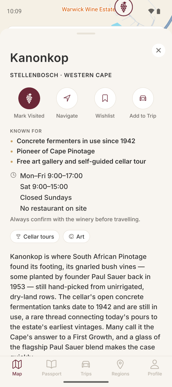 Kanonkop's details in Wine Passport: what it is known for, opening hours and facilities